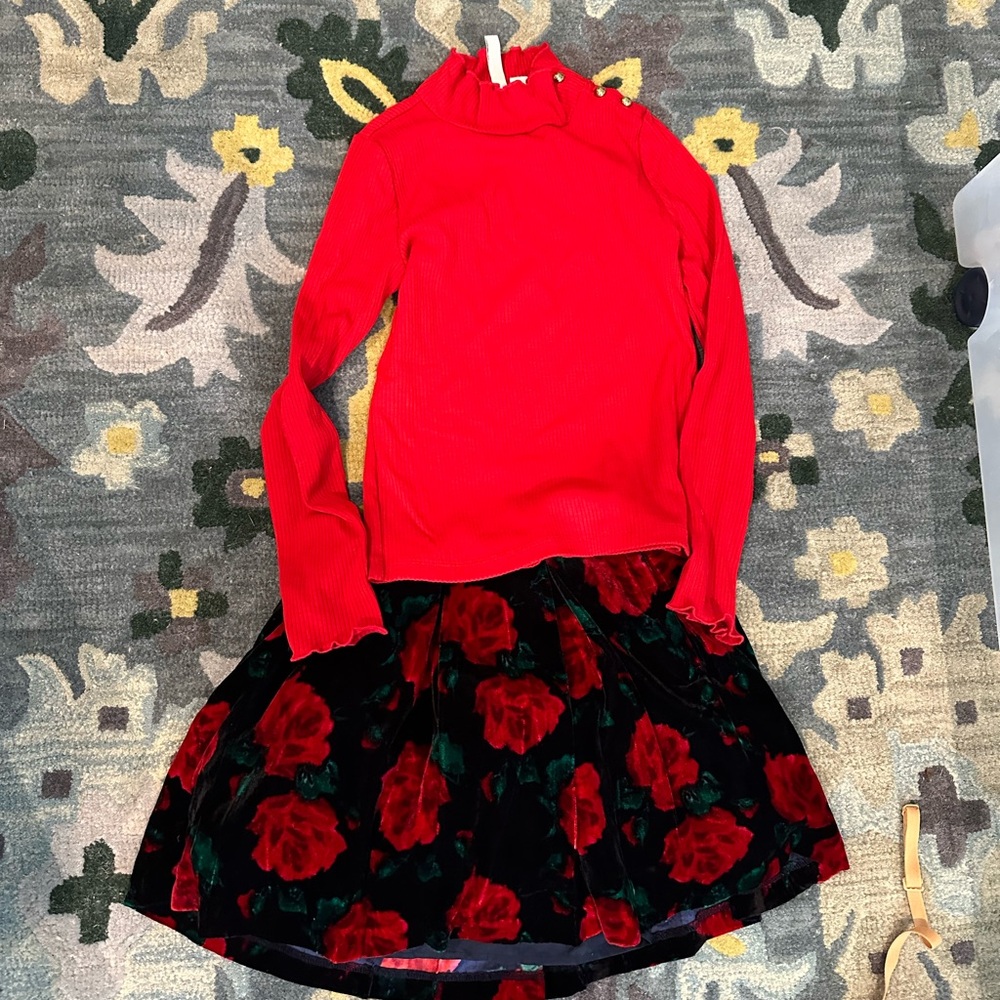 Janie and Jack red turtle neck and floral skirt set